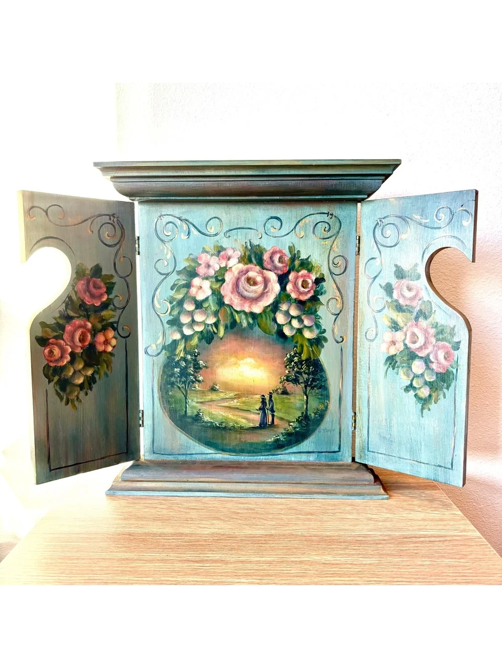 Hand Painted Folk Art Wooden Wall Cabinet Heart Doors Floral Cottage 13” Tall